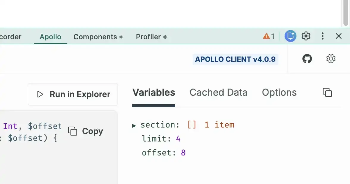Screenshot of the Apollo devtools Variables tab showing that the offset variable has increased to 8