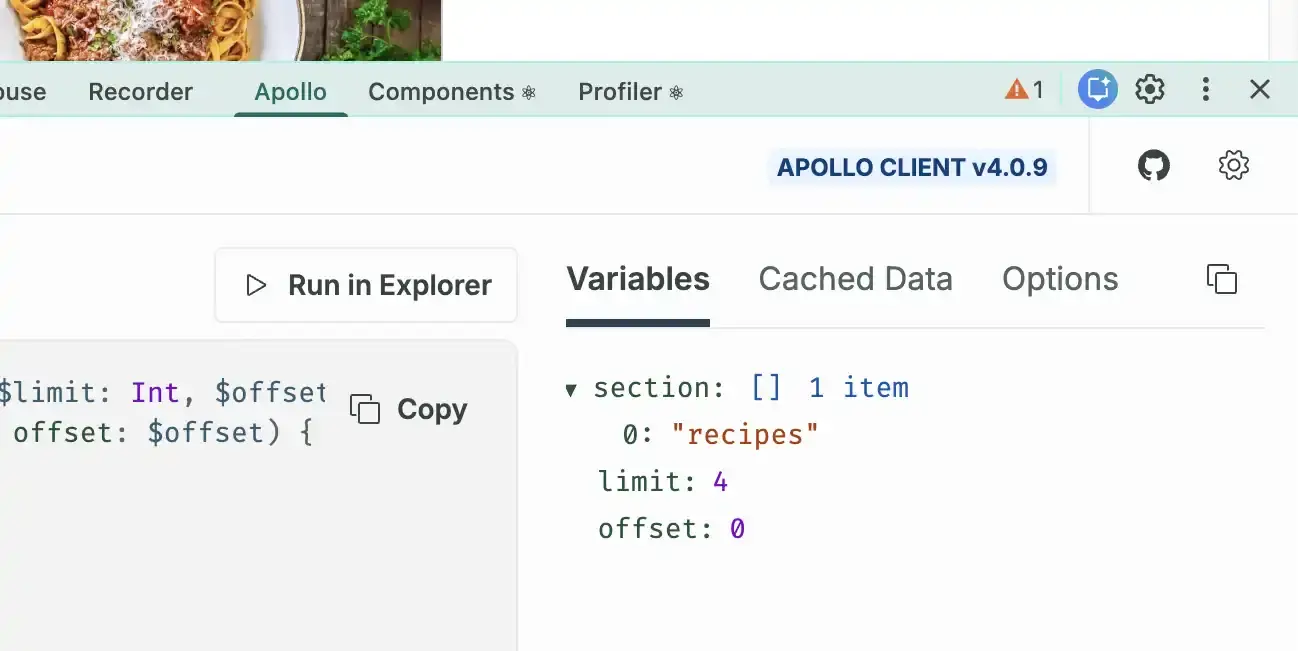 Screenshot of the Apollo devtools Variables tab showing the section, limit, and offset variable values for the current query