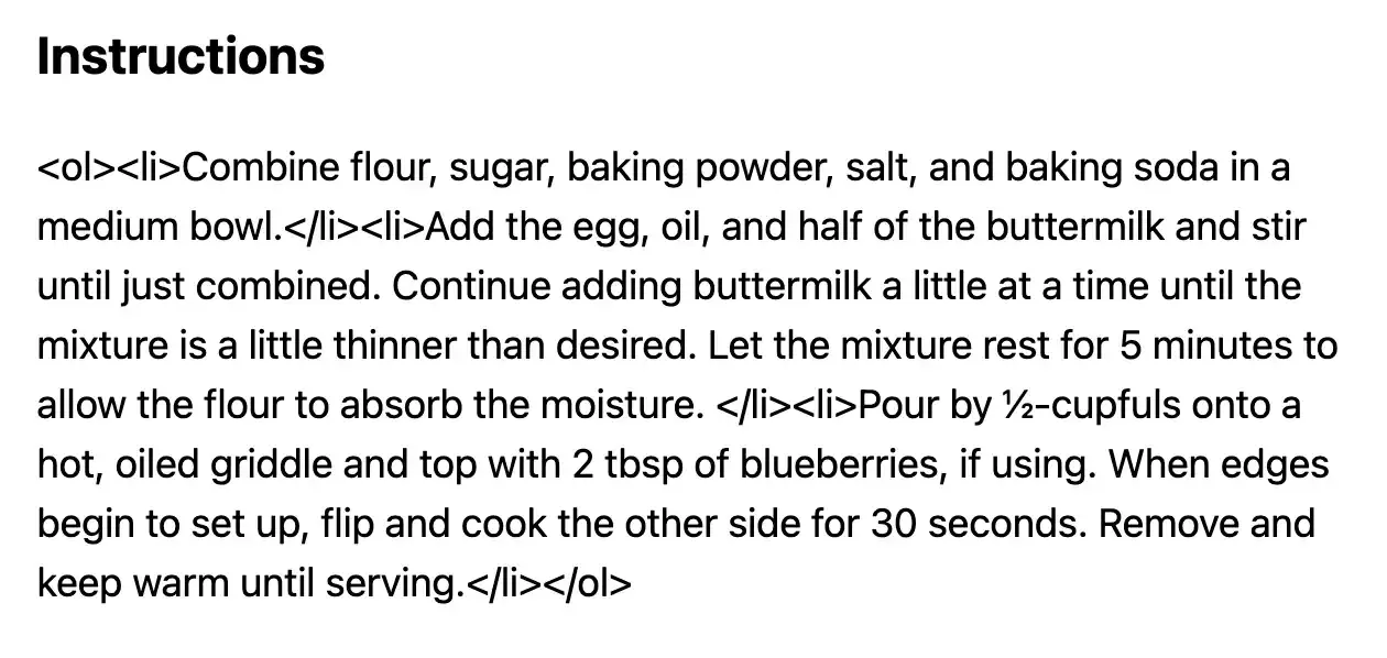 A screenshot of a block of unparsed html tags around recipe instructions text