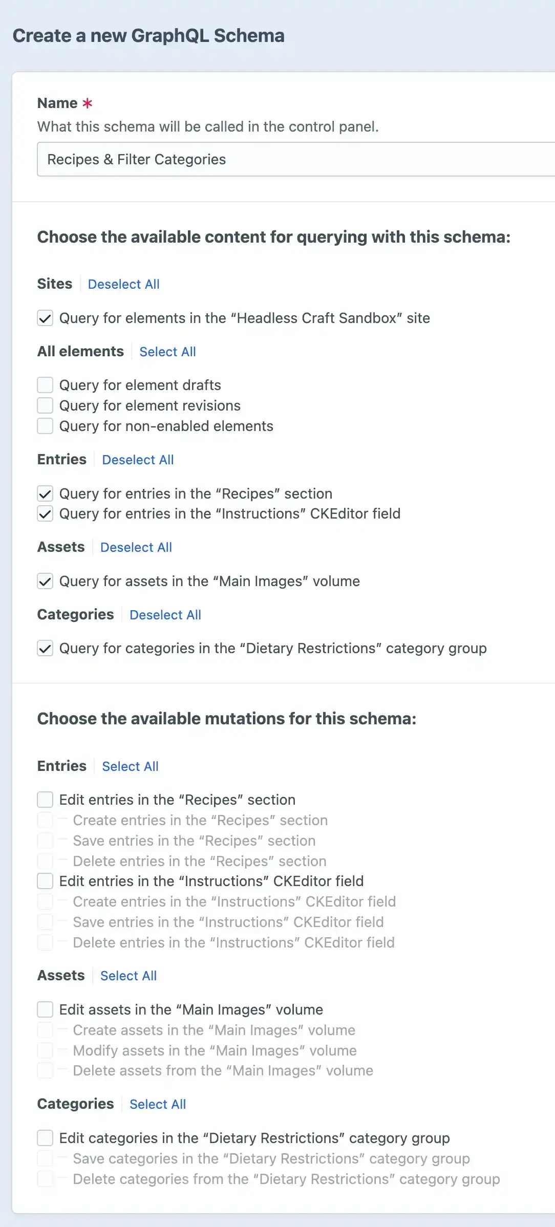 graphql schema page in the craft control panel showing schema name and checked items